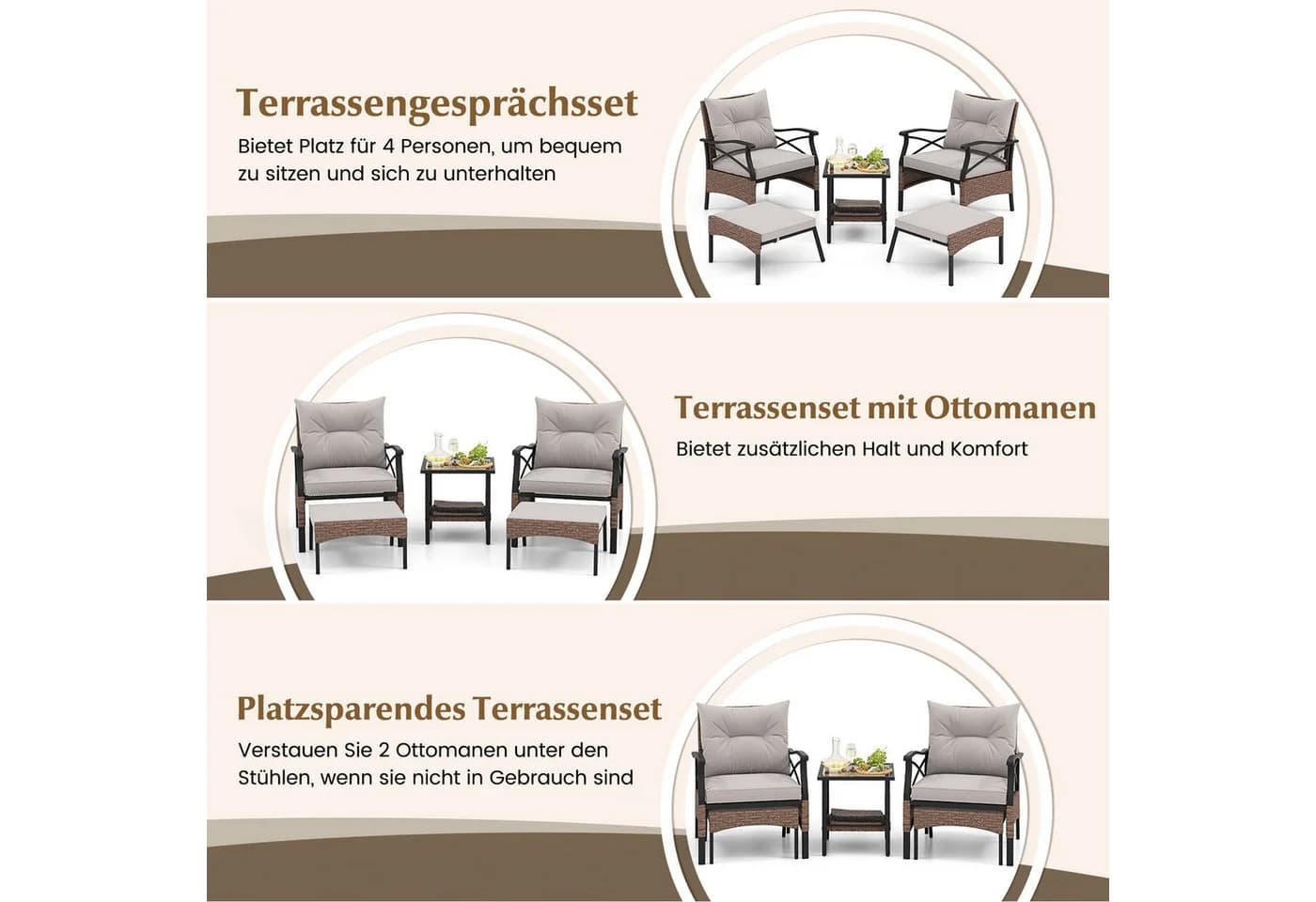 COSTWAY Gartenlounge-Set 5-tlg. mit Beistelltisch, Ottomanen, Kissen