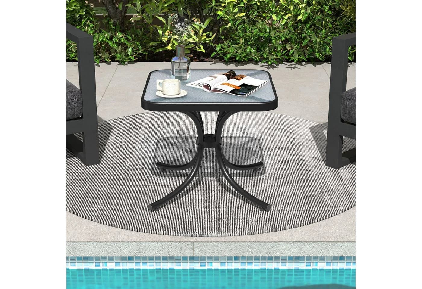 KOMFOTTEU Gartentisch Schwarz Gehärtetes Glas Metallrahmen