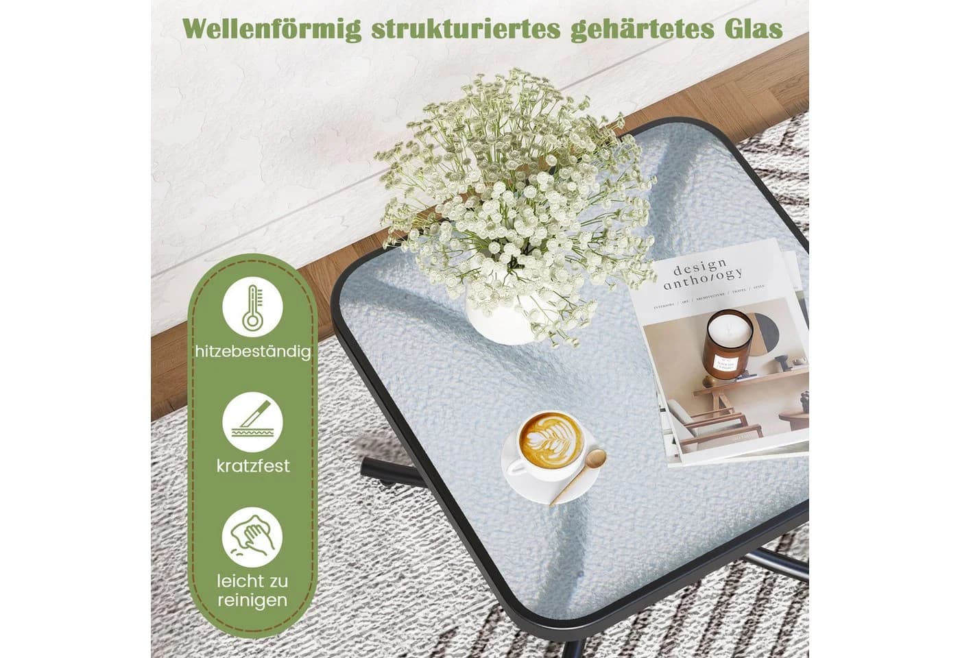 KOMFOTTEU Gartentisch Schwarz Gehärtetes Glas Metallrahmen - Bild 3