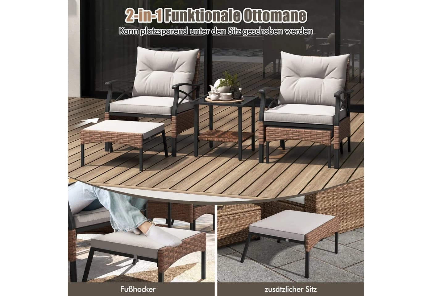KOMFOTTEU Balkonset 5-tlg. Braun mit Kissen PE-Rattan - Bild 3