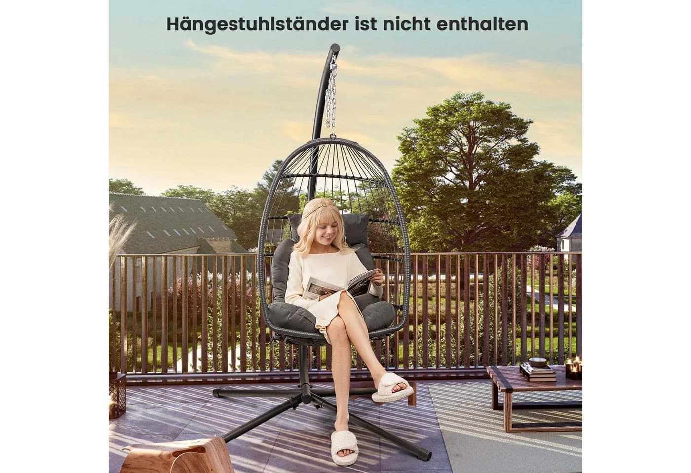 COSTWAY Hängesessel Grau Faltbar mit Kissen PE-Rattan