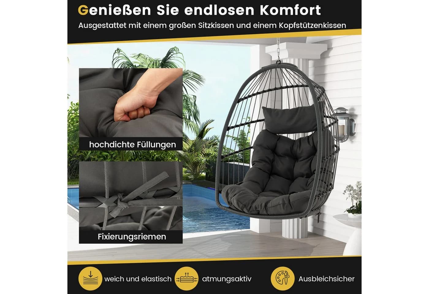 COSTWAY Hängesessel Grau Faltbar mit Kissen PE-Rattan - Bild 3
