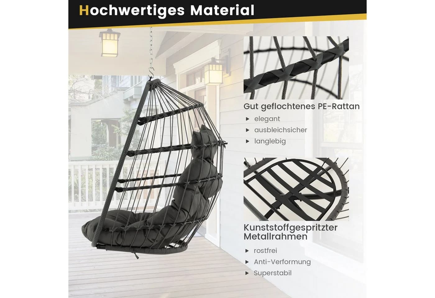 COSTWAY Hängesessel Grau Faltbar mit Kissen PE-Rattan - Bild 4