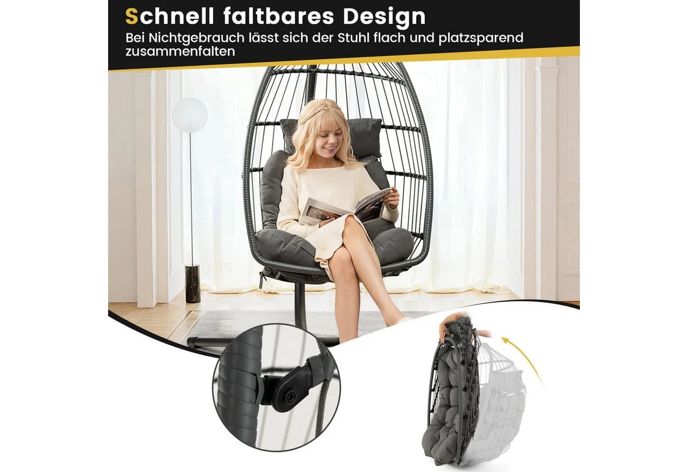 COSTWAY Hängesessel Grau Faltbar mit Kissen PE-Rattan - Bild 5