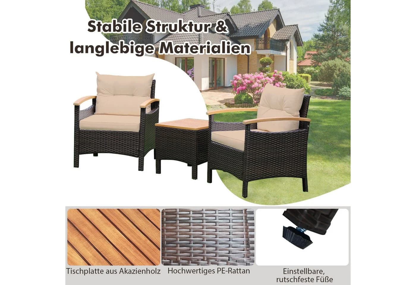 KOMFOTTEU Balkonset 3-teilig PE-Rattan Akazienholz Braun