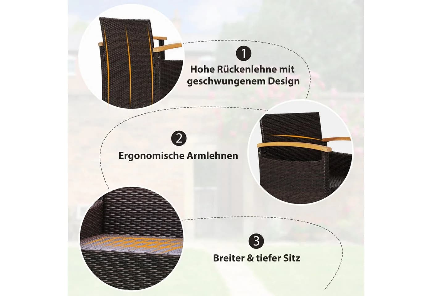 KOMFOTTEU Balkonset 3-teilig PE-Rattan Akazienholz Braun - Bild 4