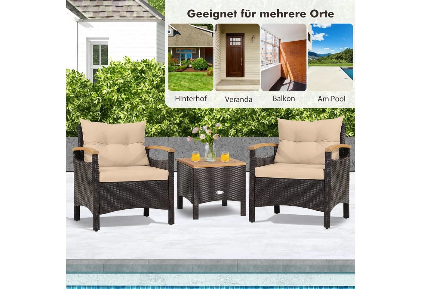 KOMFOTTEU Balkonset 3-teilig PE-Rattan Akazienholz Braun - Bild 5