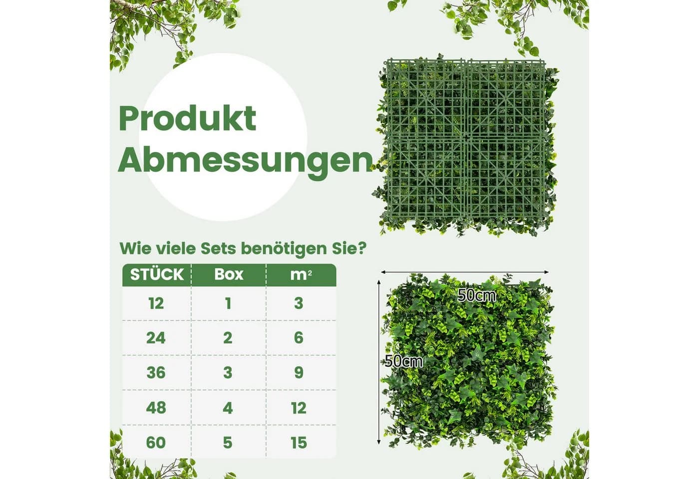 Kunstpflanze COSTWAY 12-Stück Pflanzenwand UV-geschützt 50,5x50,5cm - Bild 3