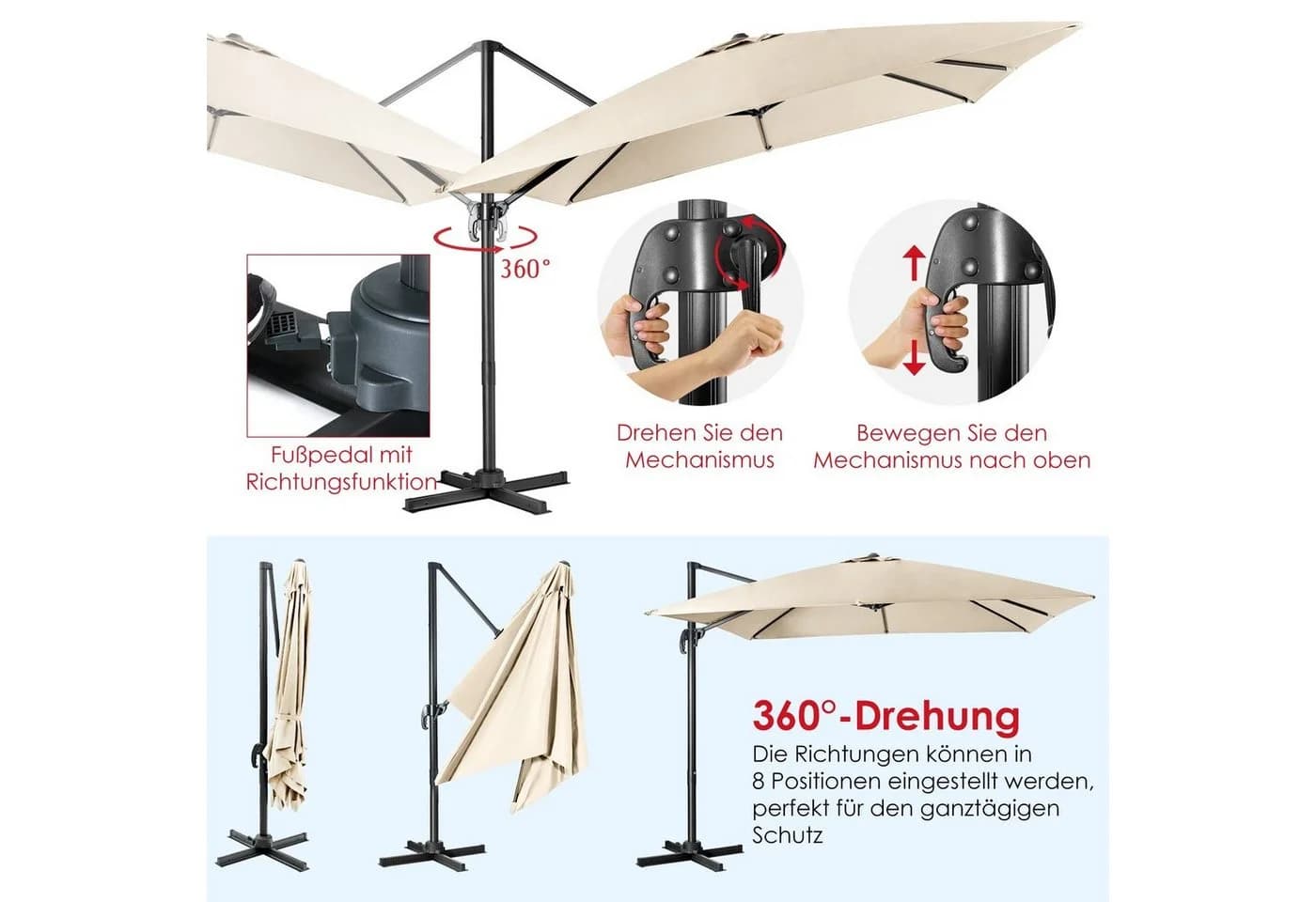 COSTWAY Sonnenschirm Ampelschirm Beige Neigbar 360° Drehbar