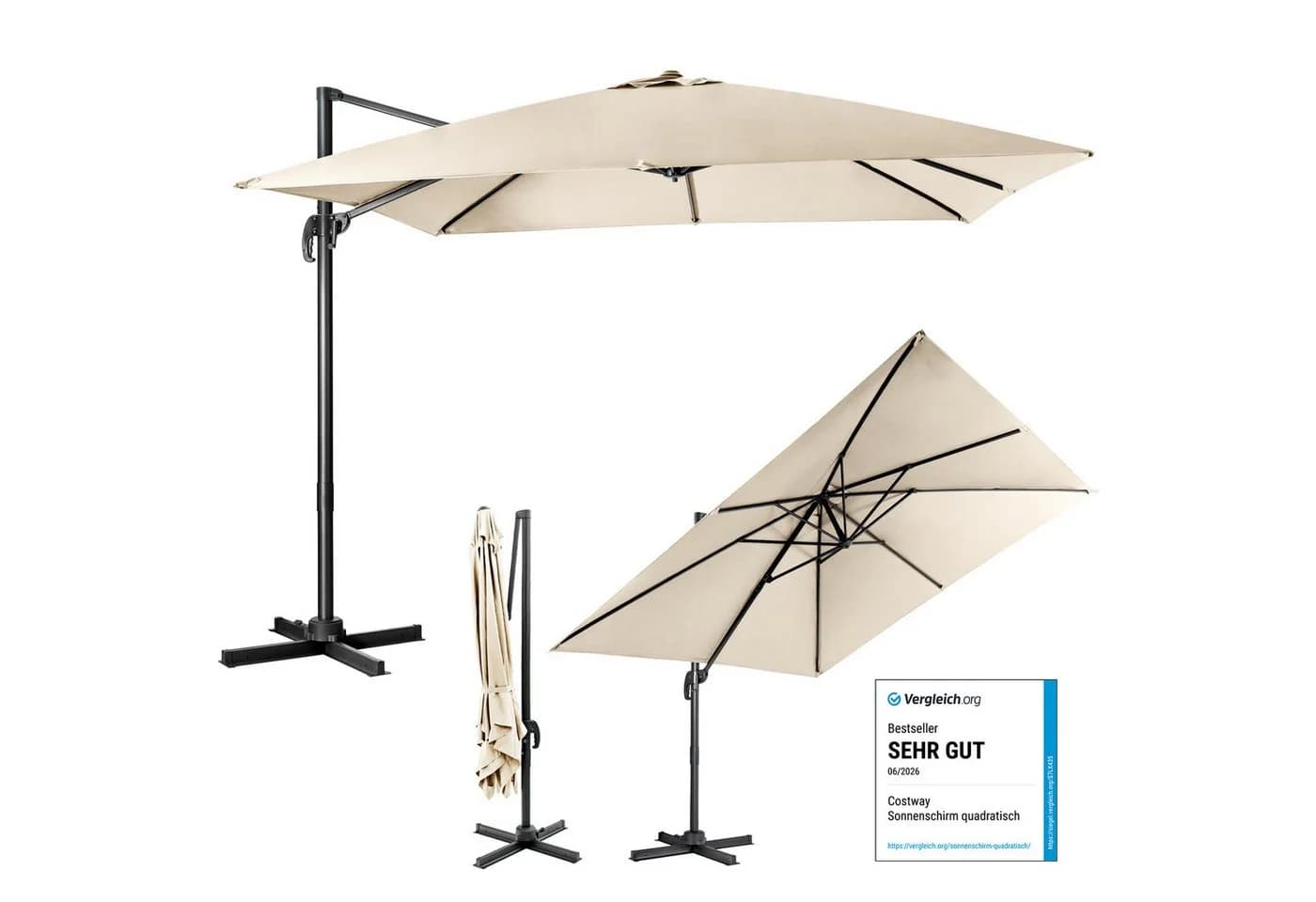 COSTWAY Sonnenschirm Ampelschirm Beige Neigbar 360° Drehbar - Bild 2