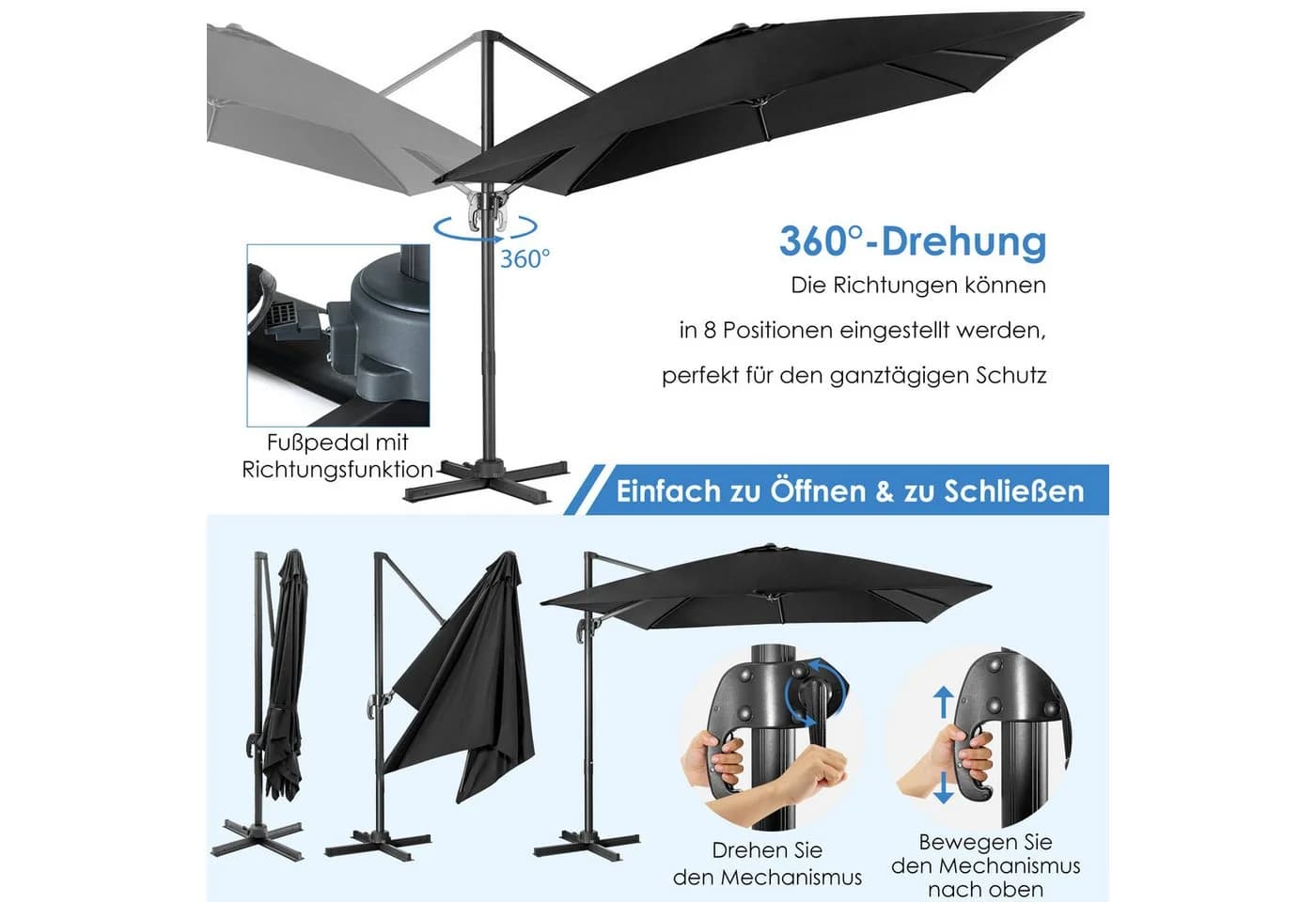 COSTWAY Sonnenschirm Schwarz 300x300 cm neigbar drehbar