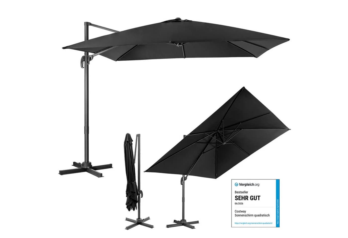 COSTWAY Sonnenschirm Schwarz 300x300 cm neigbar drehbar - Bild 2