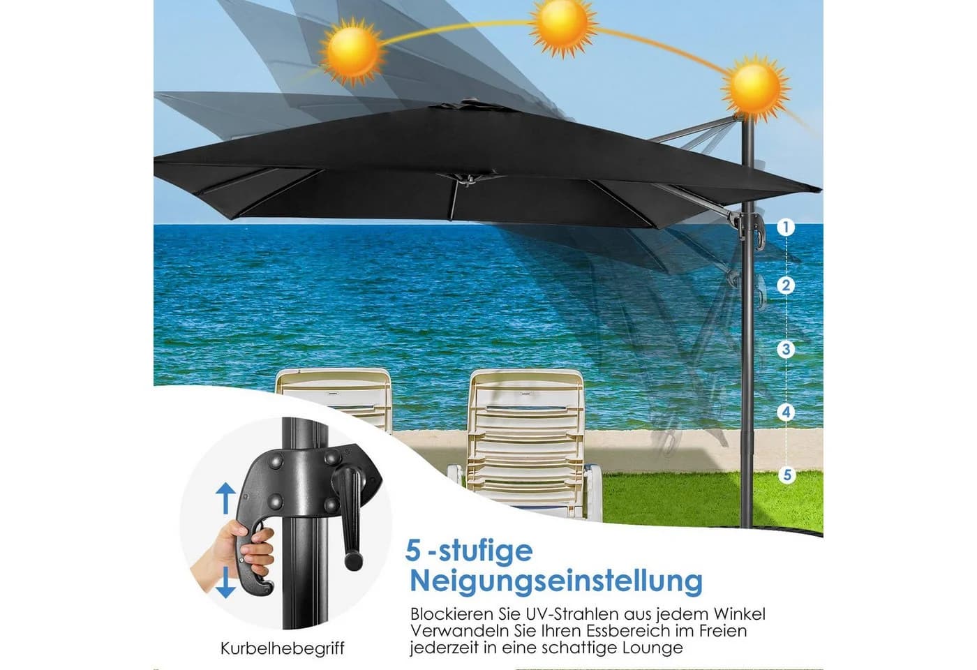 COSTWAY Sonnenschirm Schwarz 300x300 cm neigbar drehbar - Bild 3