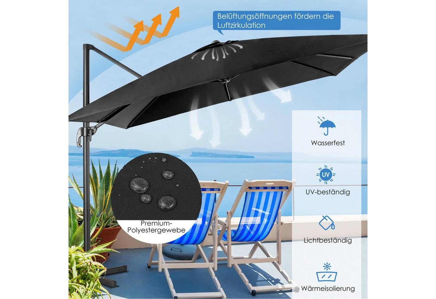 COSTWAY Sonnenschirm Schwarz 300x300 cm neigbar drehbar - Bild 4