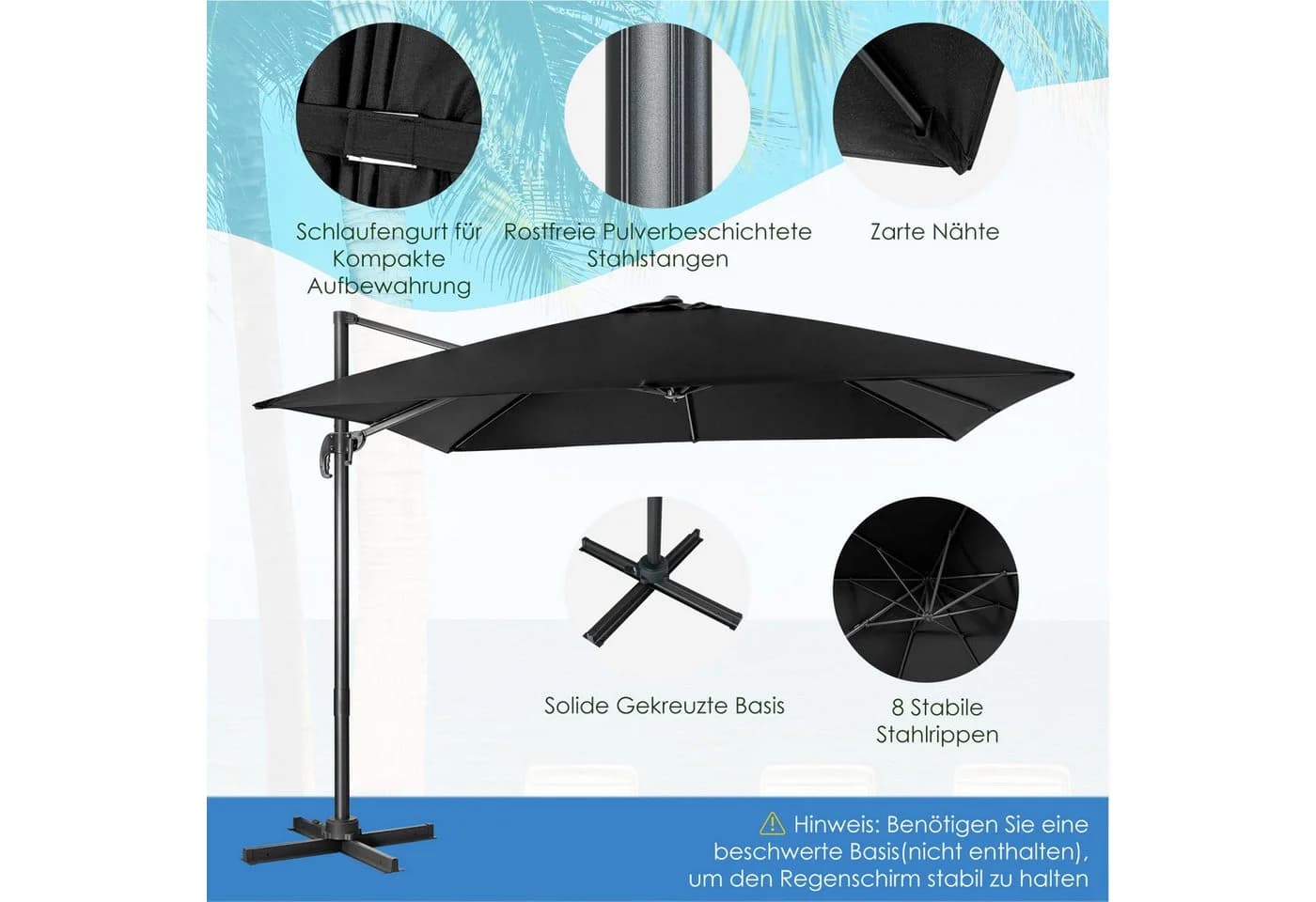 COSTWAY Sonnenschirm Schwarz 300x300 cm neigbar drehbar - Bild 5