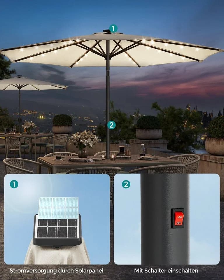 SONGMICS Sonnenschirm 300cm LED-Beleuchtung UPF50+ Beige - Bild 4