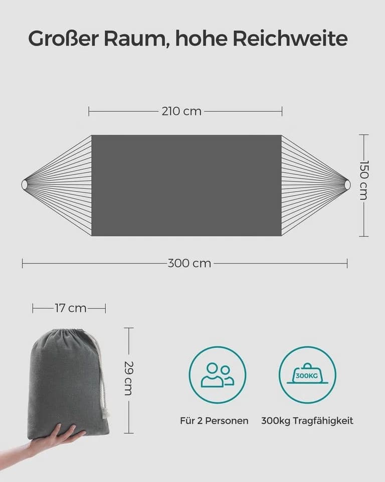 SONGMICS Hängematte 210x150 cm Doppelhängematte 300 kg