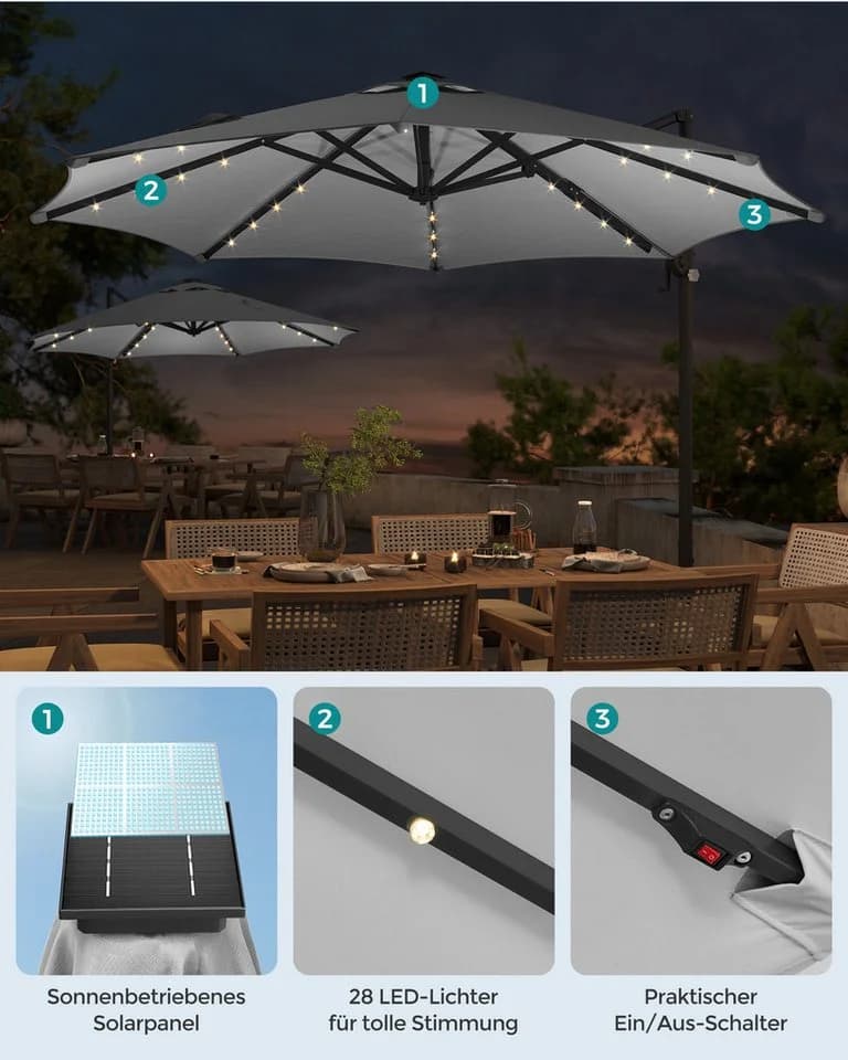 SONGMICS Sonnenschirm Ampelschirm Grau 300cm mit LED