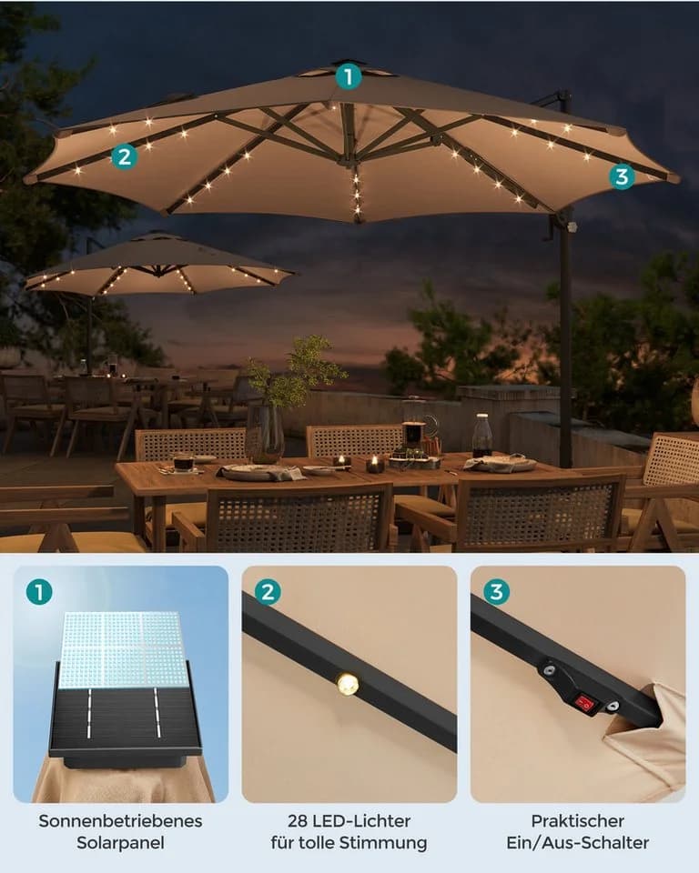 SONGMICS Sonnenschirm 300cm mit LED-Beleuchtung