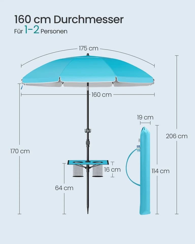 SONGMICS Sonnenschirm 160 cm Blau Strandschirm UPF 50+ - Bild 5