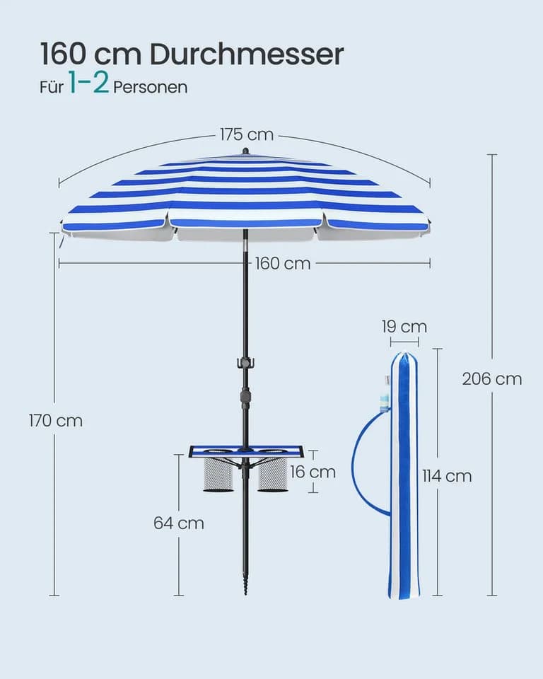 SONGMICS Sonnenschirm 160 cm Strandschirm UPF 50+ Ablagefläche - Bild 5