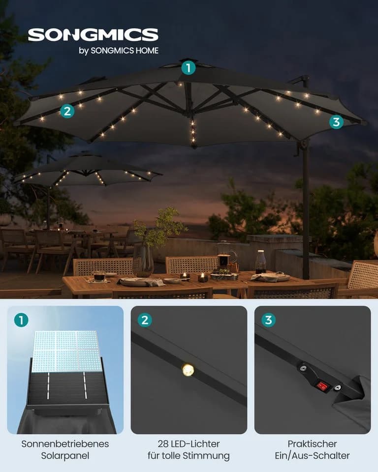 SONGMICS Sonnenschirm Ampelschirm 300cm LED-Beleuchtung