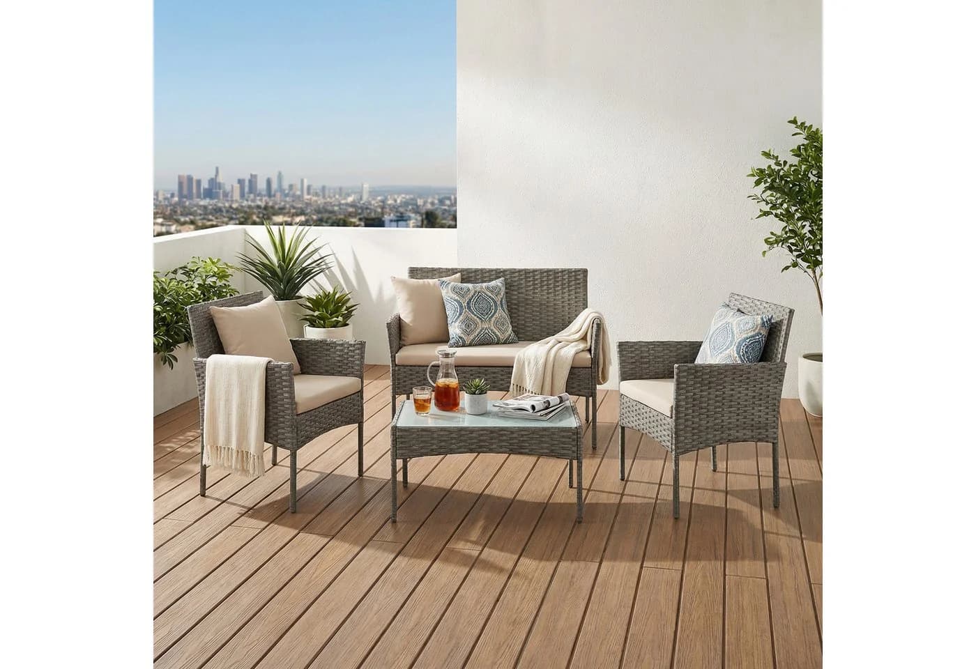 SONGMICS Gartenlounge-Set 4-tlg. Grau Polyrattan