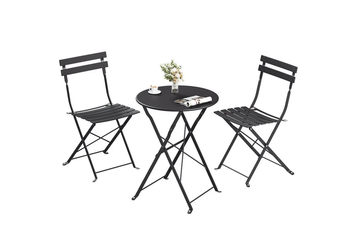 SONGMICS Balkonset 3-teilig Klapptisch 2 Stühle Schwarz Beige