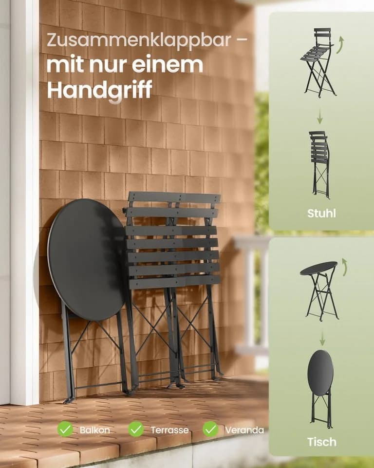 SONGMICS Balkonset 3-teilig Klapptisch 2 Stühle Schwarz Beige - Bild 4