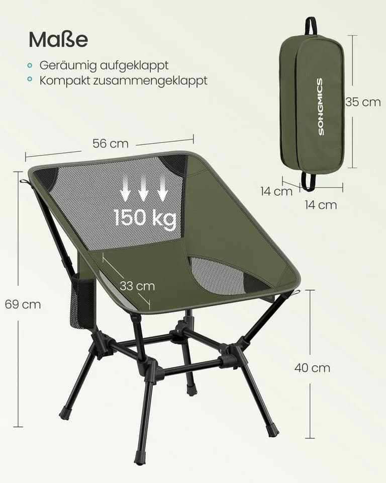 SONGMICS Campingstuhl höhenverstellbar Klappstuhl Grün mit 2 Taschen - Bild 5