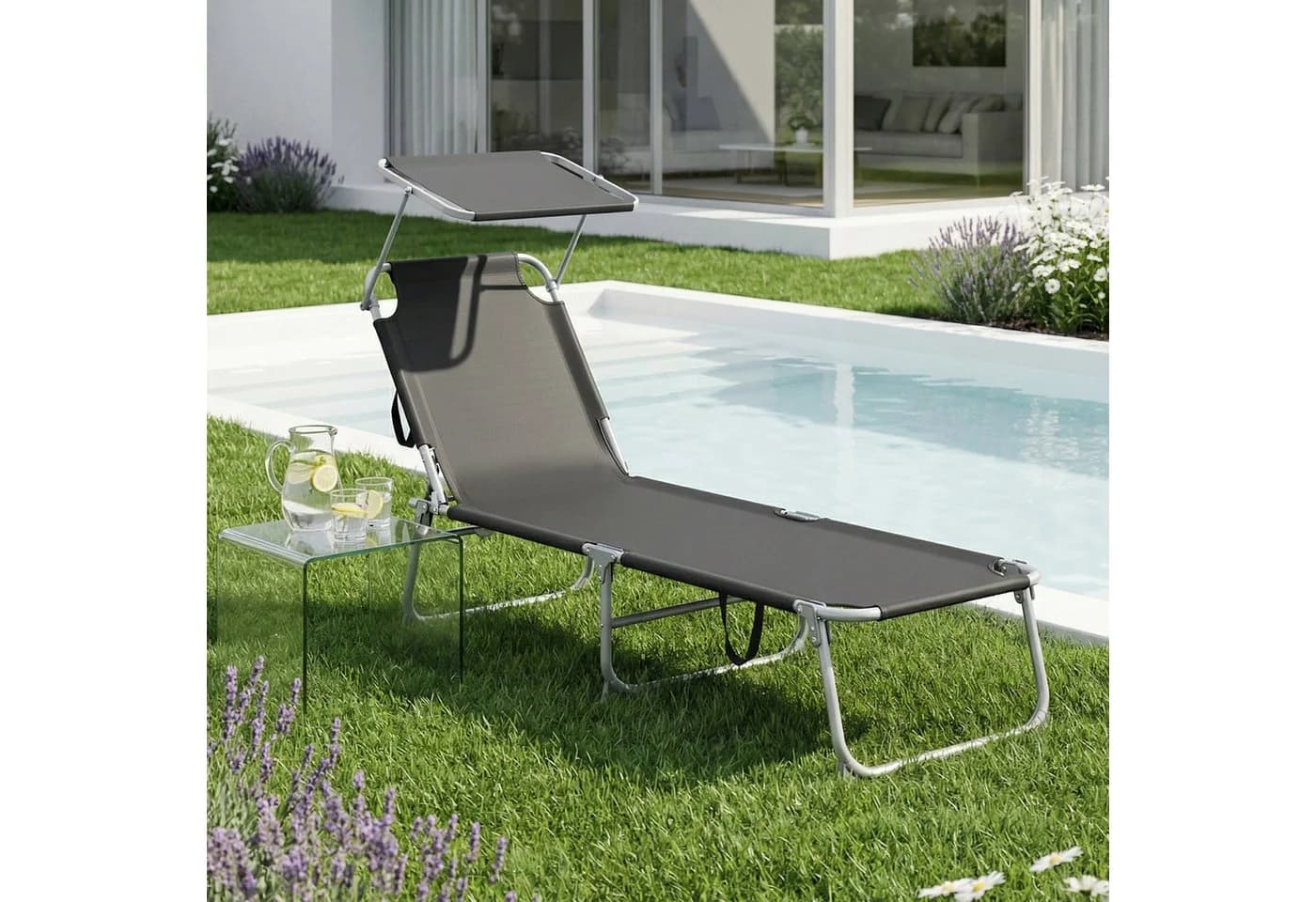 SONGMICS Gartenliege Schwarz Klappbar Mit Verstellbarer Sonnenblende - Bild 3