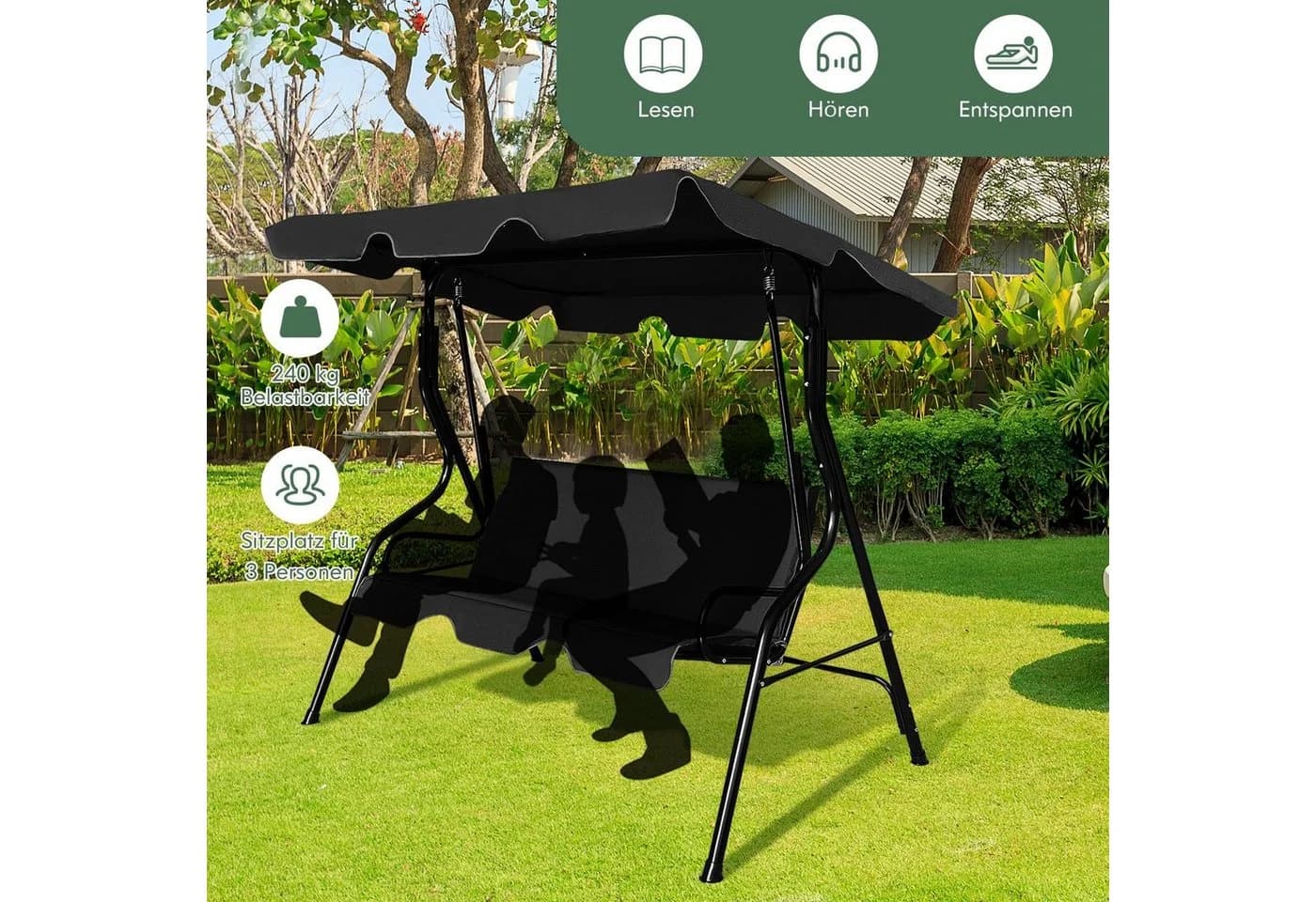 COSTWAY Hollywoodschaukel Gartenbank 3-Sitzer Schwarz mit Sonnendach - Bild 3