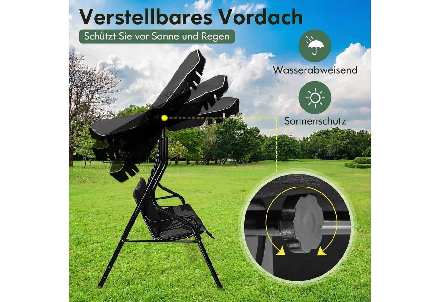 COSTWAY Hollywoodschaukel Gartenbank 3-Sitzer Schwarz mit Sonnendach - Bild 4