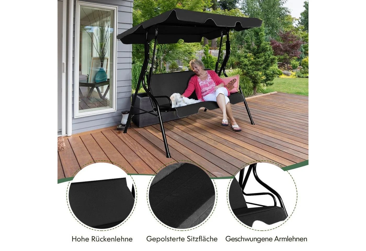 COSTWAY Hollywoodschaukel Gartenbank 3-Sitzer Schwarz mit Sonnendach - Bild 5