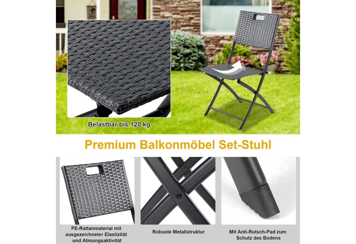 TLGREEN Balkonset Gartentisch- und Stuhlset 3-teilig Klappbar Grau - Bild 4