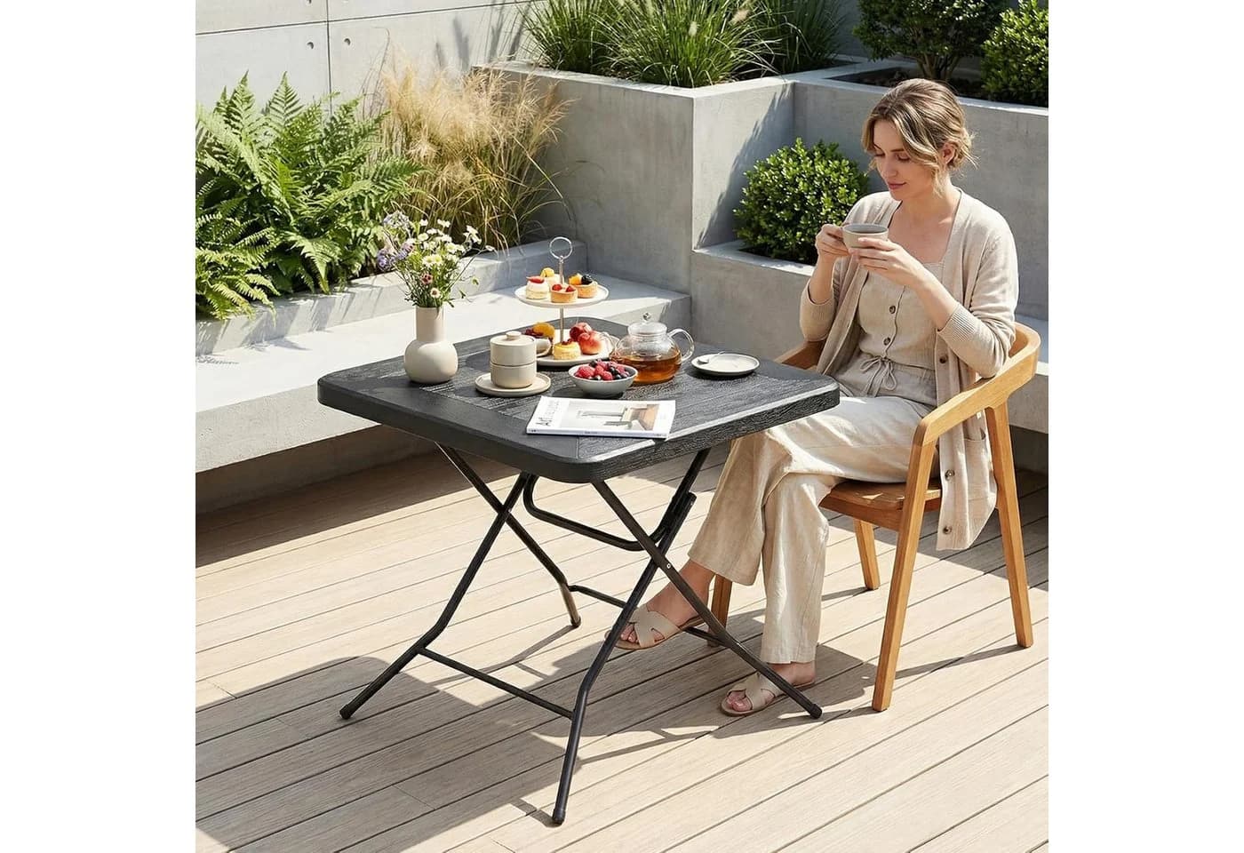 TLGREEN Gartentisch Buffettisch Klappbar Holz-Optik