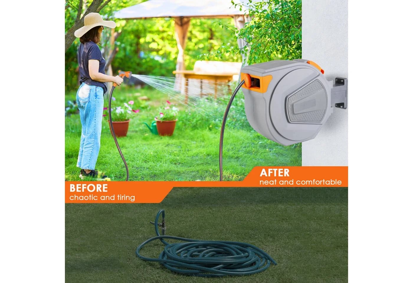 TLGREEN Gartenschlauchaufroller Grau Automatisch Aufrollen 180° Schwenkbar - Bild 5