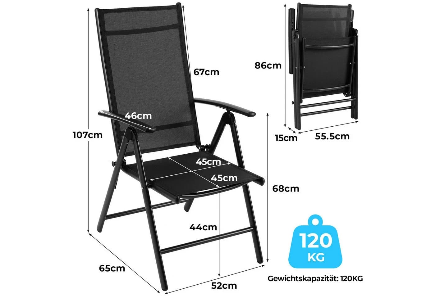 TLGREEN Gartenstuhl Hochlehner 2er Set Klappstuhl 7-fach verstellbar Aluminium - Bild 3