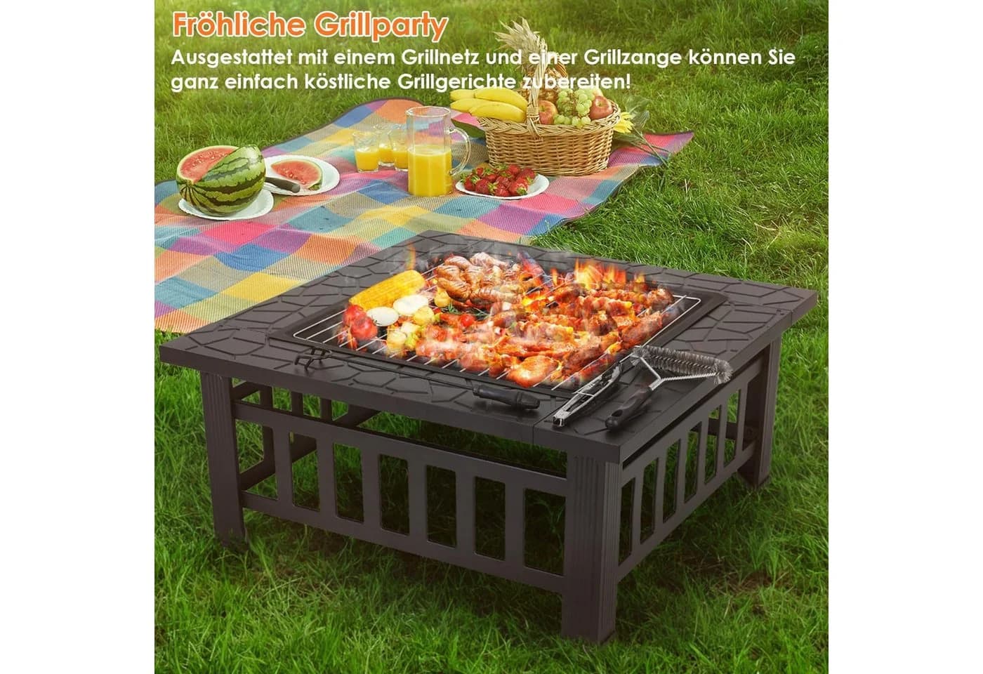 TLGREEN Feuerschale 3 in 1 Feuerstelle mit Funkenschutz, Grillrost & Abdeckung