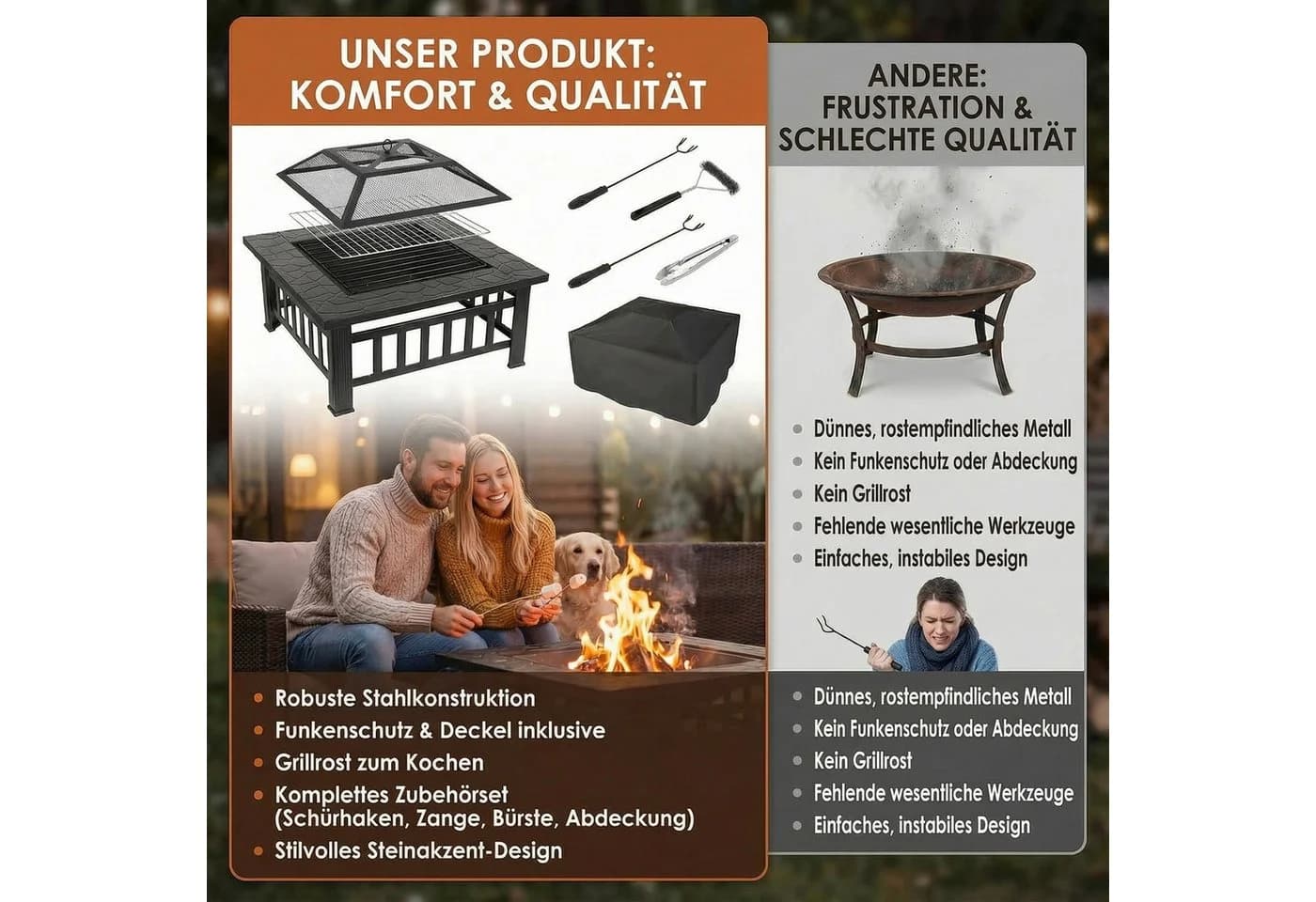 TLGREEN Feuerschale 3 in 1 Feuerstelle mit Funkenschutz, Grillrost & Abdeckung - Bild 4