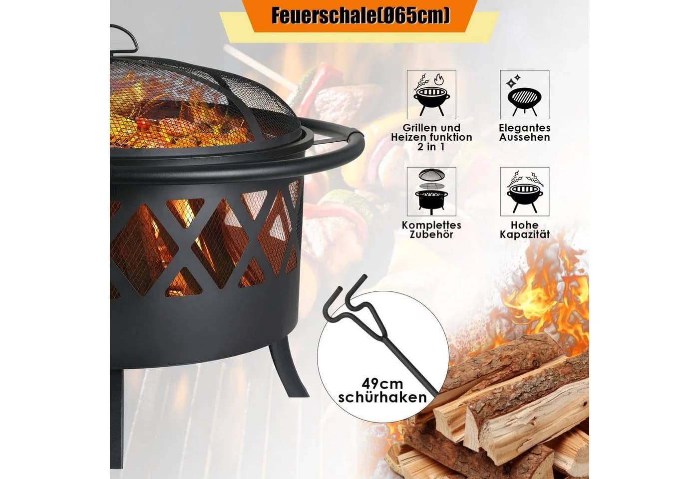 TLGREEN Feuerschale Ø81cm mit Grillrost & Funkenschutz