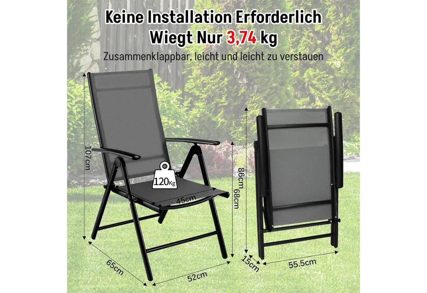 TLGREEN Gartenstuhl Hochlehner 2/4er Set Klappstuhl Campingstühle Grau Aluminium - Bild 3