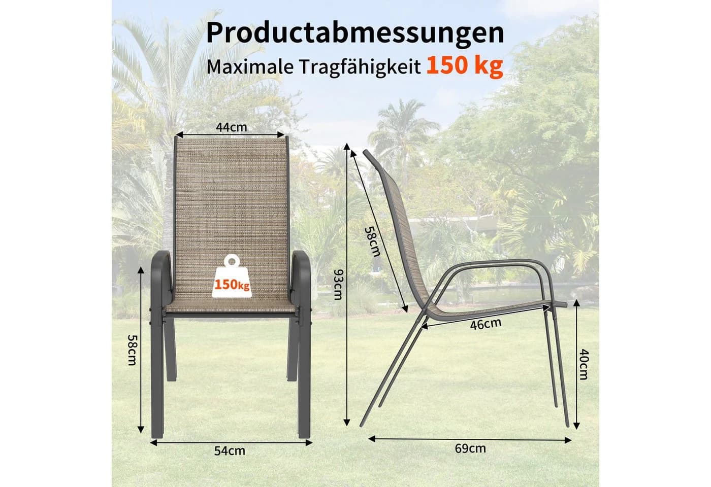 TLGREEN Stapelstuhl Gartenstühle Stapelbar Hochlehner Textilene Stahlgestell