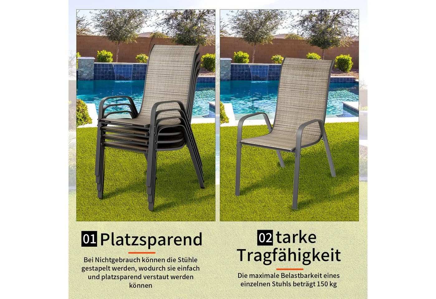 TLGREEN Stapelstuhl Gartenstühle Stapelbar Hochlehner Textilene Stahlgestell - Bild 5