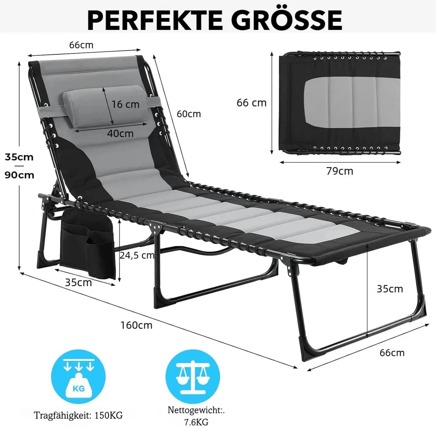 TLGREEN Gartenliege XXL klappbar mit Kopfstütze & Seitentaschen - Bild 3