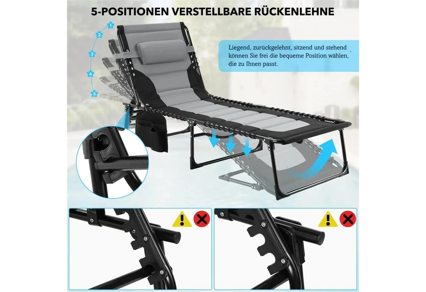 TLGREEN XXL Sonnenliege Klappbar mit 5-fach Verstellbarer Rückenlehne - Bild 4