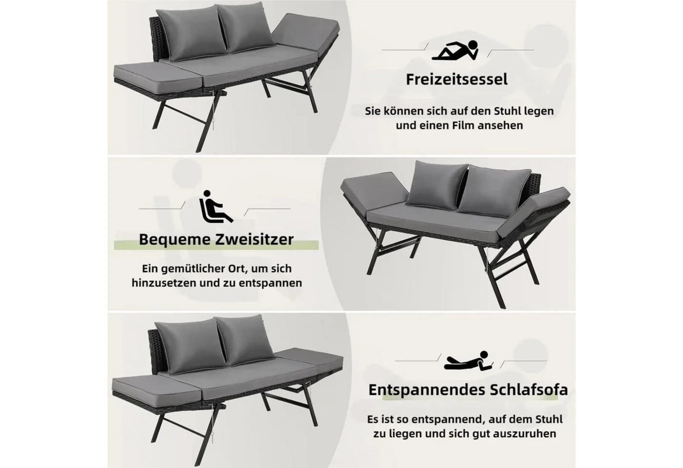 TLGREEN Gartenbank mit Liegefunktion Polyrattan 2-Sitzer Grau/Beige - Bild 5