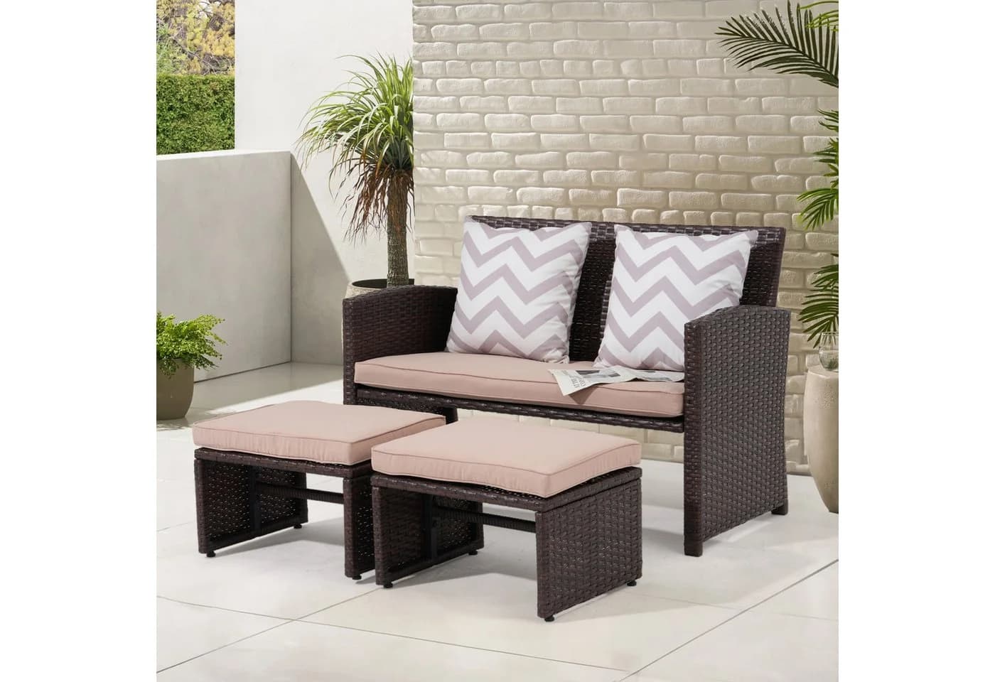 JOIVI Gartenbank Outdoor Loveseat 3-tlg. Braun Rattan Beige Kissen - Bild 2
