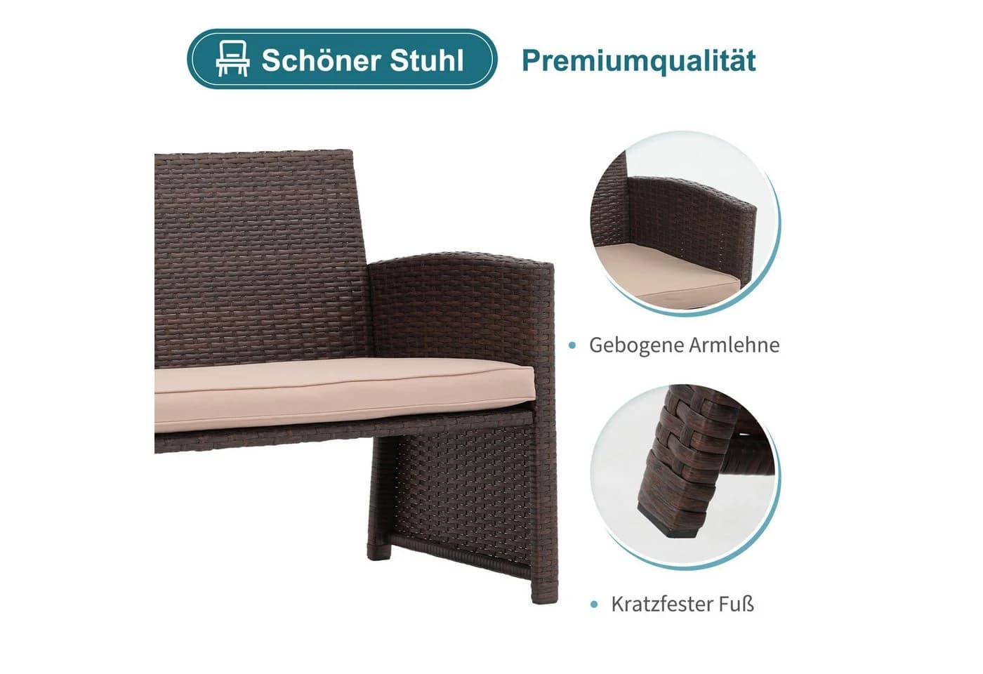 JOIVI Gartenbank Outdoor Loveseat 3-tlg. Braun Rattan Beige Kissen - Bild 3