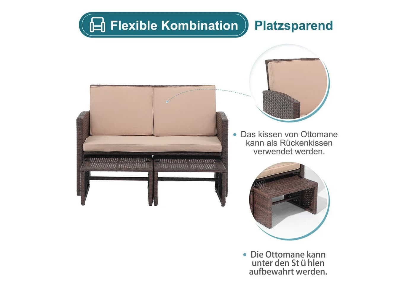 JOIVI Gartenbank Outdoor Loveseat 3-tlg. Braun Rattan Beige Kissen - Bild 4